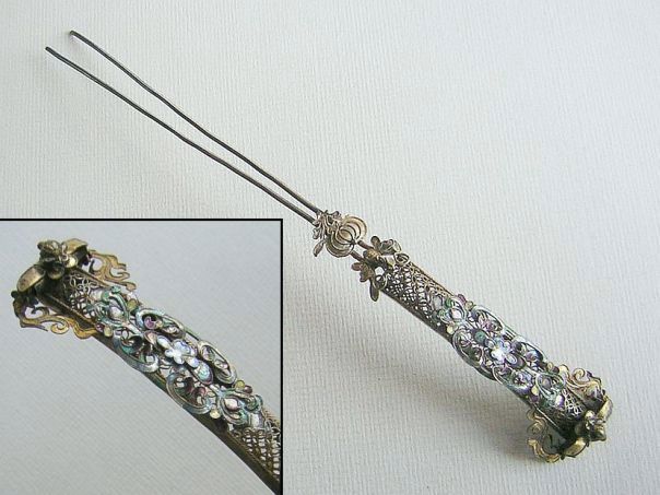 Enameled hairpin with a bee, butterfly and melon - (8003)